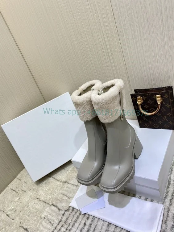 Zip Fur Block High Heel Leather Mid-calf Boots Women Luxury Square Toe Boots Lady Winter Warm Fashion Shoes Fashion New 2022