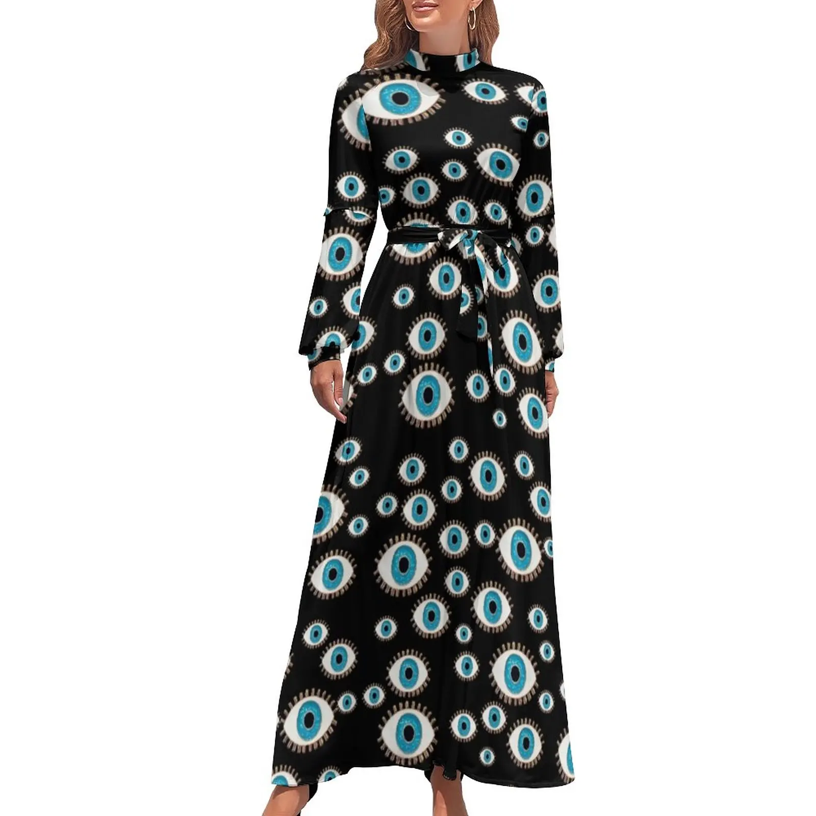 Evil Eye Print Dress Greek Mati Mataki Cute Maxi Dress Street Wear Boho Beach Long Dresses High Neck Pattern Clothes