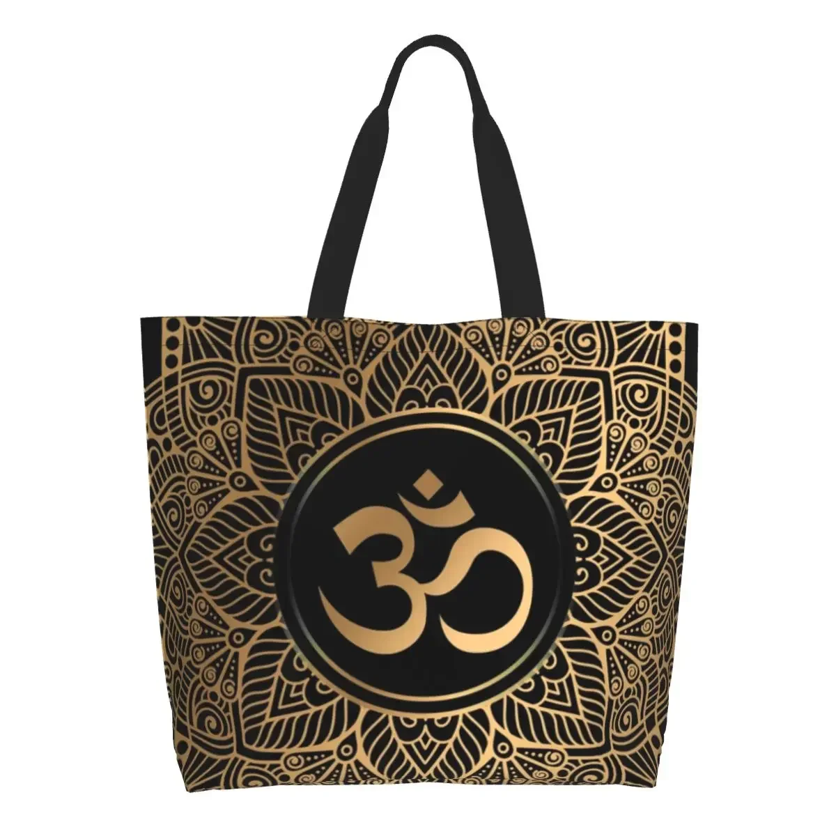 

Custom Golden Om Mandala Canvas Shopping Bag Women Washable Big Capacity Grocery Henna Aum Tote Shopper Bags