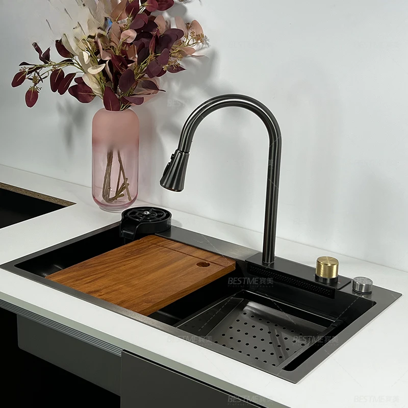 New Trends Stainless Steel Nano Black Kitchen Sink With Pull Down Faucet Undermount Waterfall Faucet Kitchen Sink Basin