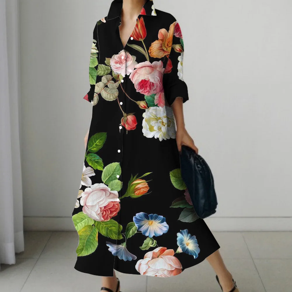 

Autumn Fresh Leaves Flower Print Lapel Shirt Dress Street Fashion Super Loose Knee Length Skirt Holiday Travel Knee Length Skirt