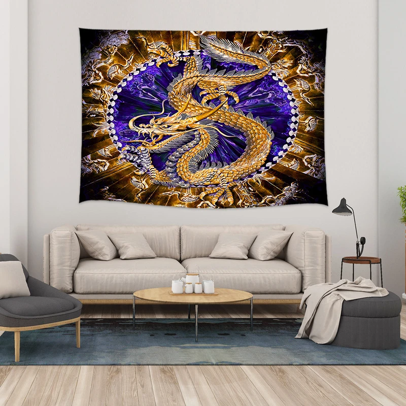 VIKAMA Yin Yang Golden Dragon Tapestry, Eastern Mythology Wall Hanging, Psychedelic Aesthetic Decor for Living Room Dorm