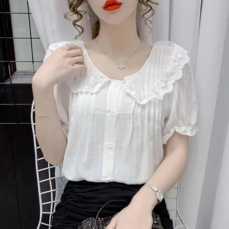 Vintage Lace Patchwork White Shirts Summer Women 2024 Korean Fashion Clothing Slim Sweet Girls Puff Sleeve Tops Y2k Blouses Pink