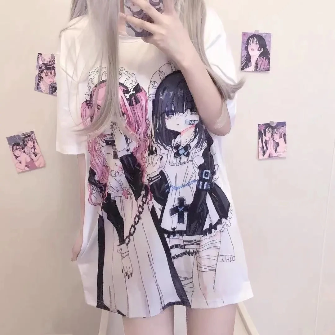 Letnie gotyckie ubrania w stylu Harajuku dla kobiet długi T Shirt Oversize japońska moda E dziewczyna drukuj luźny krótki rękaw T-Shirt kobiet