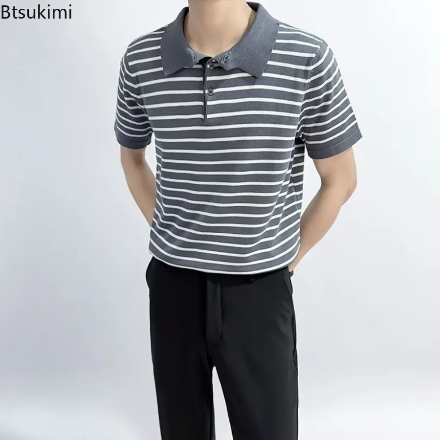 2025 Men Clothing Summer Vintage Casual T Shirts Striped Lapel Tops for Men Harajuku Streetwear Breathable Ice Silk Polo Shirts
