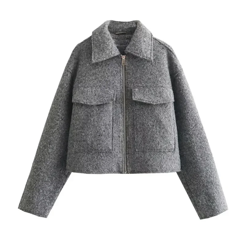 TRAF Winter Coat Female Tweed Faux Wool Coats Autumn 2024 Demi-Season Cropped Gray Coat Woman Long Sleeve Solid Short Coats