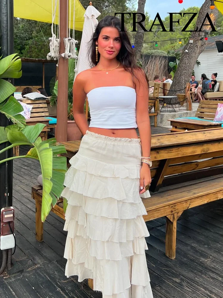 

TRAFZA Women Fashion High Street Elastic Waist A-Line Solid Laminated Decoration Skirt Summer Female Fold Midi Skirts Trendy
