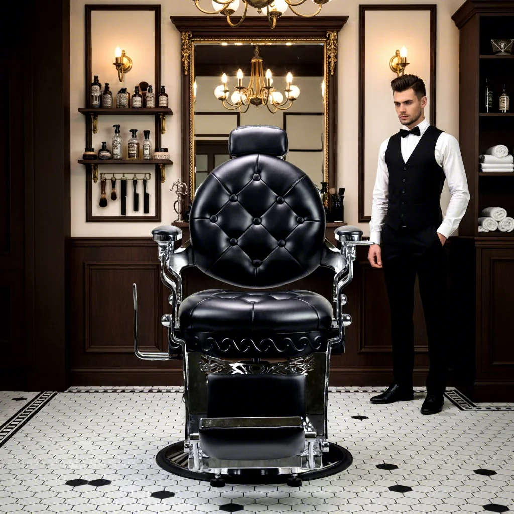 Moolin Premium Barber Chair Professional Wholesale Antique Modern Heavy Duty Hydraulic Black and Gold Barber Shop Styling Chair