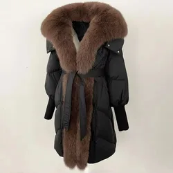 Puffer Jacket Winter Autumn Women Real Natural Fox Fur Coat Women Long Female Thick Warm Hooded White Duck Down Coat Overwear