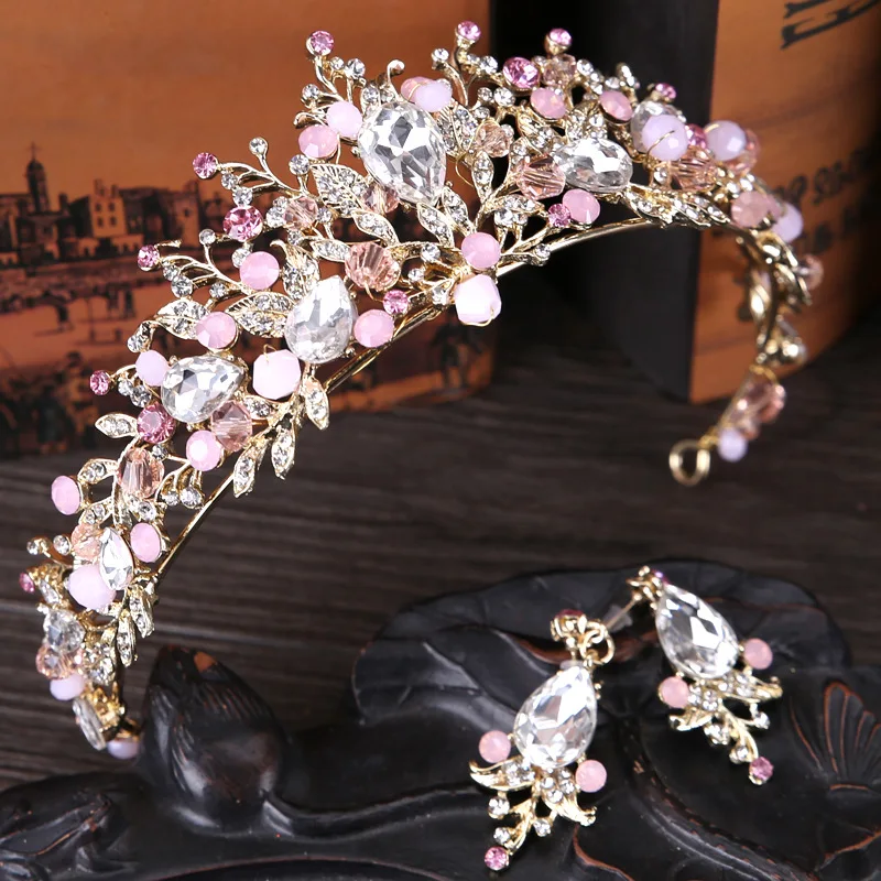 

UODCM Korean Pink Crystal Crowns Bride Tiara Earrings Jewelry Sets For Women Fashion Queen Crown Wedding Headpiece Hair Jewelry