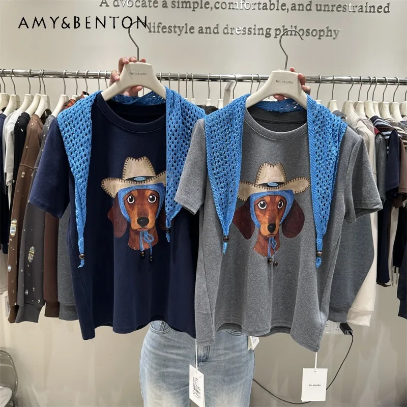

Regular Shoulder Short Sleeves Tees Female 2025 Early Autumn New Design Sense Loose Slimming Round Neck Top T-shirts Pullovers