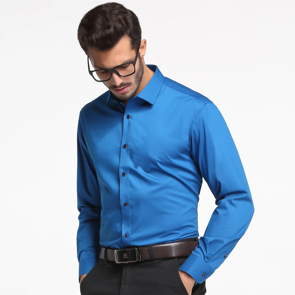 InjTouch-Chemise classique en fibre de bambou pour homme, manches longues, sans poche, coupe régulière, couleur unie, pour le bureau, entretien