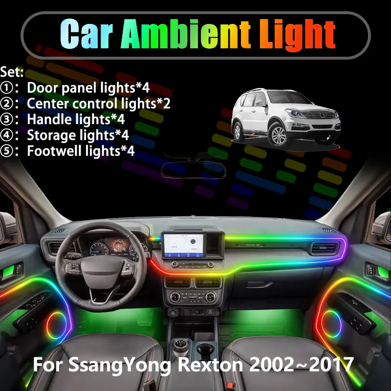 

For SsangYong Rexton 2002~2017 Daewoo MK1 2/18 in 1 Car ambient lighting Led trunk interior led lights USB RGB Ensemble Streamer