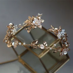 Baroque Gold Color Leaf Princess Crown Floral Wedding Prom Hair Tiara Pearls Bridal Hairband Handmade Women Headpiece