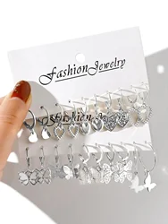 10pcs Gold Color Creative Simple Earrings Set for Women Fashion Temperament Hollowed-out Butterfly Love Earrings Jewelry Gifts