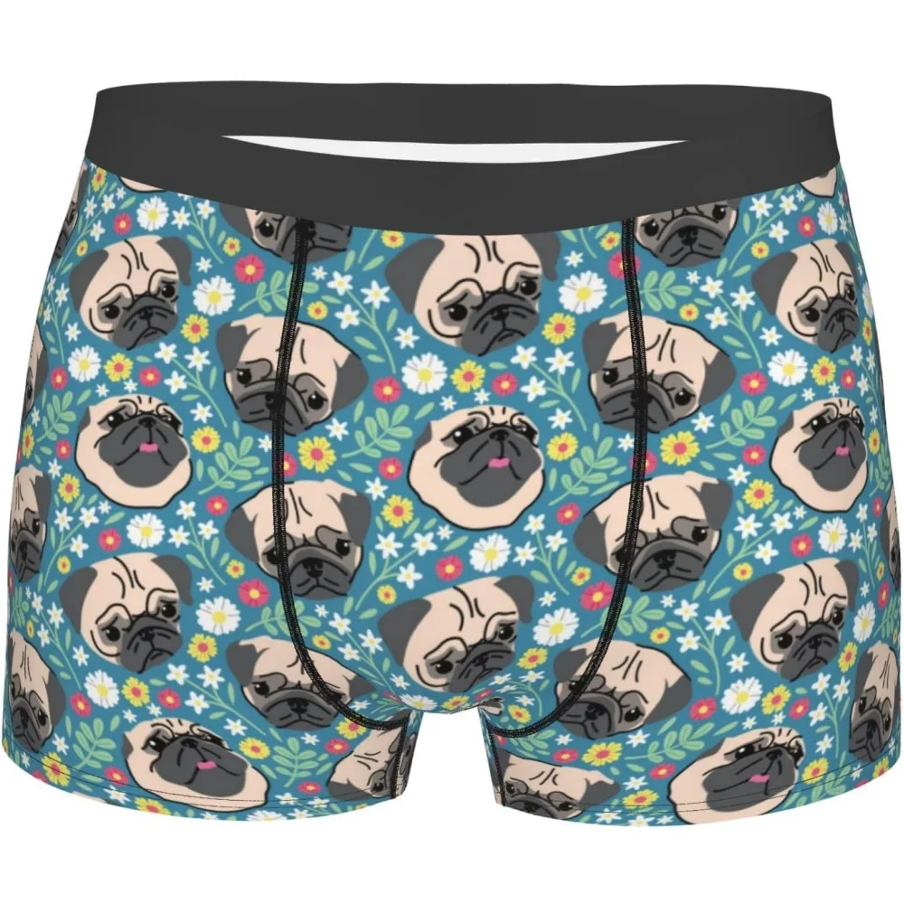 

Pug Head And Flower Print Underwear For Men Comfy Cozy Holiday Boxer Briefs Shorts