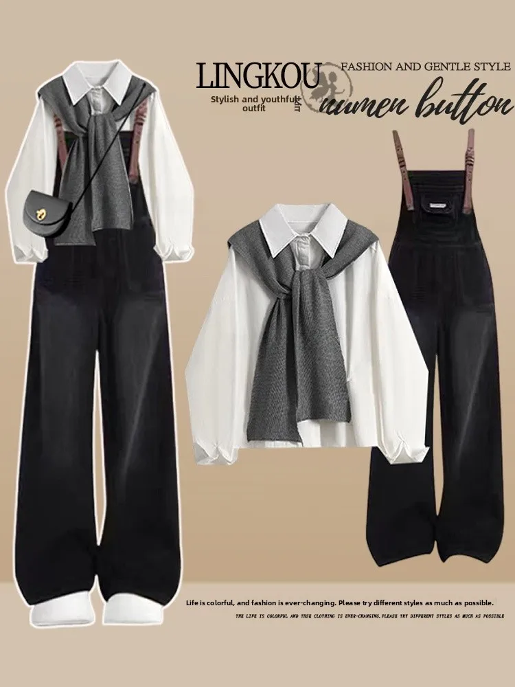 

Anti-Aging Large Size Spring Fashion Set Women's Korean Style Shirt Small Shawl Versatile Slimming Denim Overalls Three-Piece...