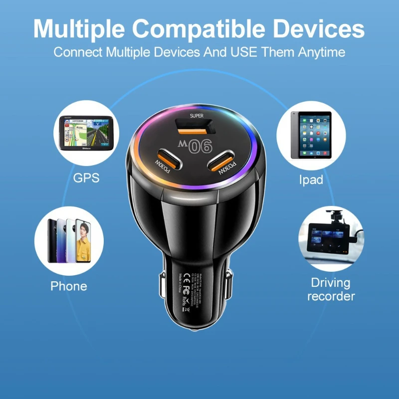 Caricabatteria da auto a 3 porte da 90 W Caricatore super veloce QC3.0 PD30W PPS Caricatore rapido per accendisigari ad alta potenza per iPhone/Huawei/Samsung