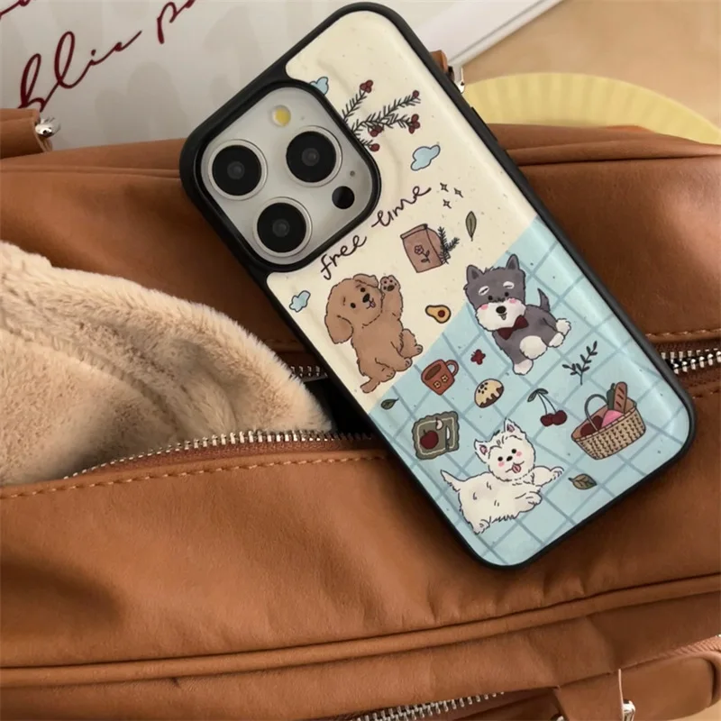 Cute Cartoon Picnic Puppy Blue White Plaid White Cloud Imitation leather Matte Cover Case for iPhone 12 13 14 15 16 Pro Max