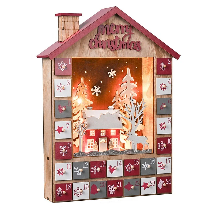 

EAGLEGIFTS LED Lighted Xmas Wooden Advent Calendar House with 24 Large Drawers for Christmas Countdown Decoration