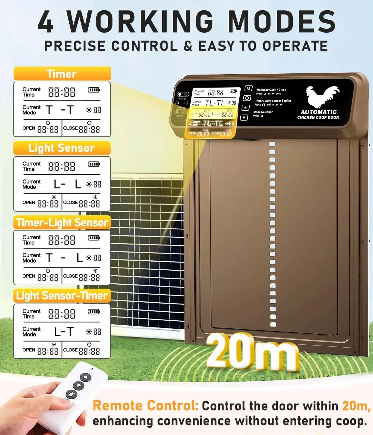 Alloy Chicken Door, Solar Chicken Coop Door Anti-Pinch | 20M Remote Control | Higher Capacity Battery | Larger Solar Panel