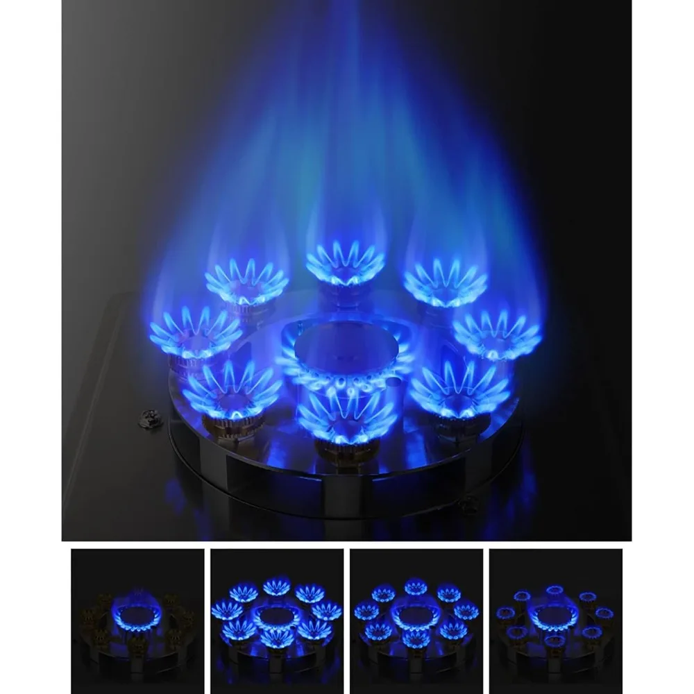 バーナーガスコンロ ガスホブ ブラック強化ガラス 9チャンバーバーナー 中華鍋用クックトップ、ビルトインマウント、天然ガス/プロパンガス用、Cas