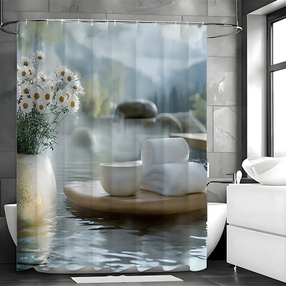 YXAsian Zen Stone Shower Curtain, Chrysanthemums, Trees, Water Reflections, Hot Springs, Simple Japanese Theme Designs