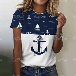 Summer Women T Shirt Boat Anchor Print Fashion O Neck Short Sleeve Tees Tops Pullover Women's Casual Loose T-Shirt Y2k Clothing