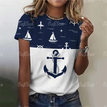 Letnia koszulka damska Boat Anchor Print Fashion O Neck Short Sleeve Tees Tops Pullover Women's Casual Loose T-Shirt Y2k Clothing