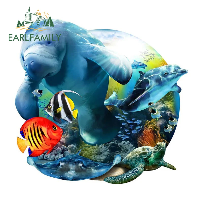 EARLFAMILY Tropical Dolphin Swimming Aquatic Life Car Sticker Boat Kayak Toolbox Decal Dolphin Jumping Under The Sea Stickers