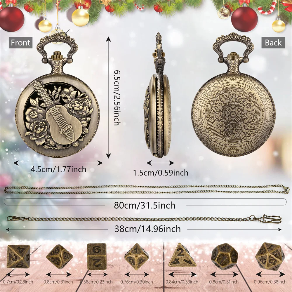 Romantic Retro Music Instruments Alloy Metal Pocket Watch Case with Fob Chain Cute Mini Polygon Dices Set Christmas Gift Box