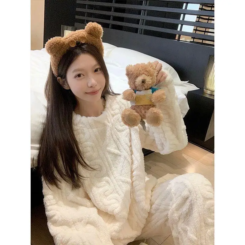 

Autumn Winter Coral Fleece Couple Sleepwear Women's Thickened Flannel Home Suit Set Comfortable Pajama Set Comfortable Nightwear