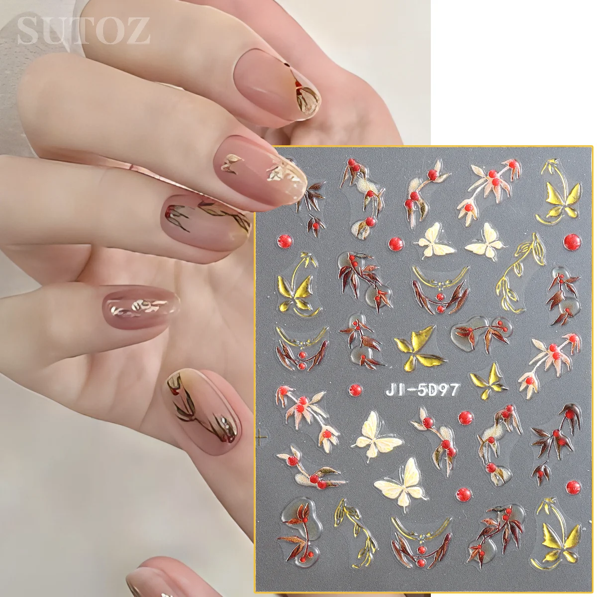 5D Nail Cherry Decors Gold Butterfly Nail Sticker Cute Cherries Bows Diamond Nail Decals Spring Summer Manicure Supplies JI-5D99