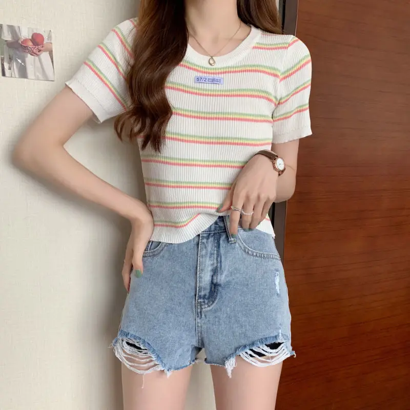 Summer New Thin Slim Striped Ice Silk T Shirts Short Sleeve O-neck All-match Youth Sweet Tops Y2K Fashion Casual Women Clothing