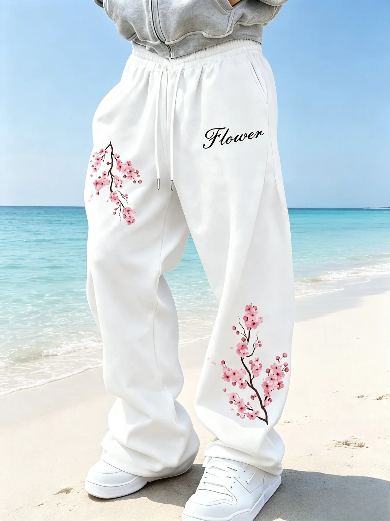 Fresh Cherry Blossom Printed White Wide Leg Straight Leg Pants, Men'S Summer Loose Drawstring Casual Trousers