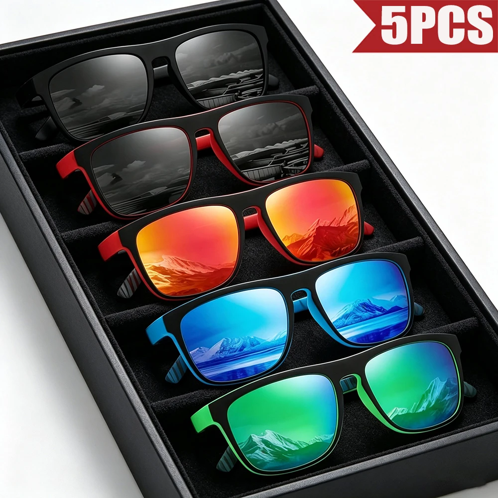5pcs/set Men's Classic Square Polarized Sports Sunglasses Lightweight PC Frame UV400 Durability Driving Fishing Cycling Glasses