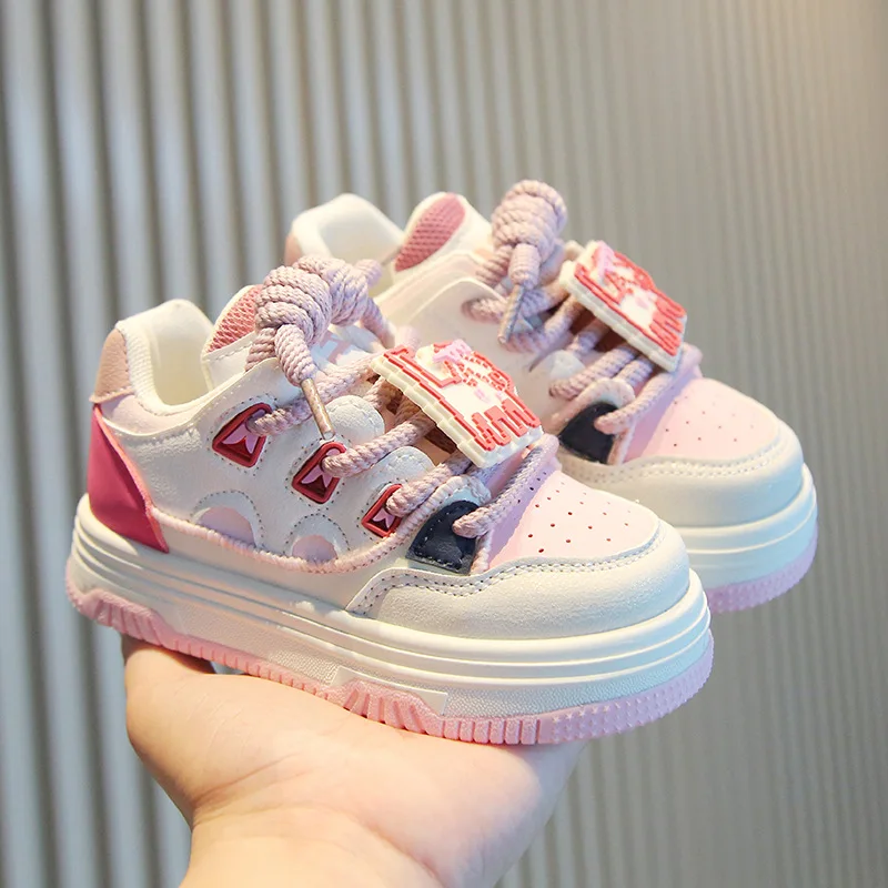 

Spring Autumn Kids Bread Board Shoes Children Cartoon Velcro Front Lacing Sneaker Girls Soft Soled Casual Shoes Color Blocking