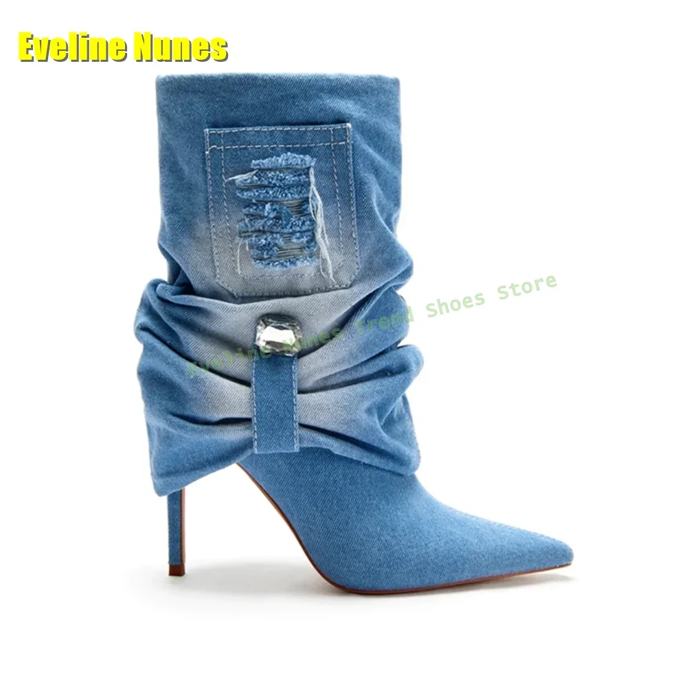 

Blue Denim Bowknot Crystal Fashion Boots Pointed Toe Stiletto Pull On Patchwork Pleated Women Mid Calf Booties 2025 Spring Trend