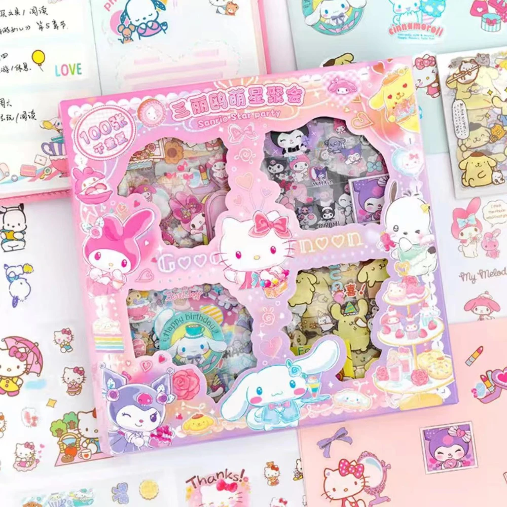 100 hojas/caja Sanrio Combo pegatinas Kawaii Kulomi Melody Cinnamoroll manual Material decoración DIY pegatinas juguetes para niños