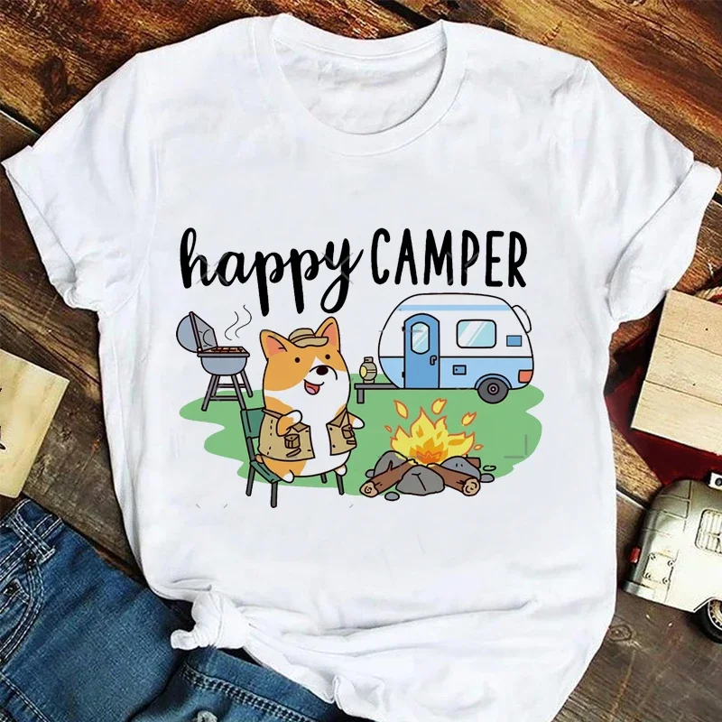 Happy Camper Shirt Casual Summer Estetyczna koszulka z krótkim rękawem Fashion Lady Funny Cartoon Print Fashion Graphic Elegancka koszulka