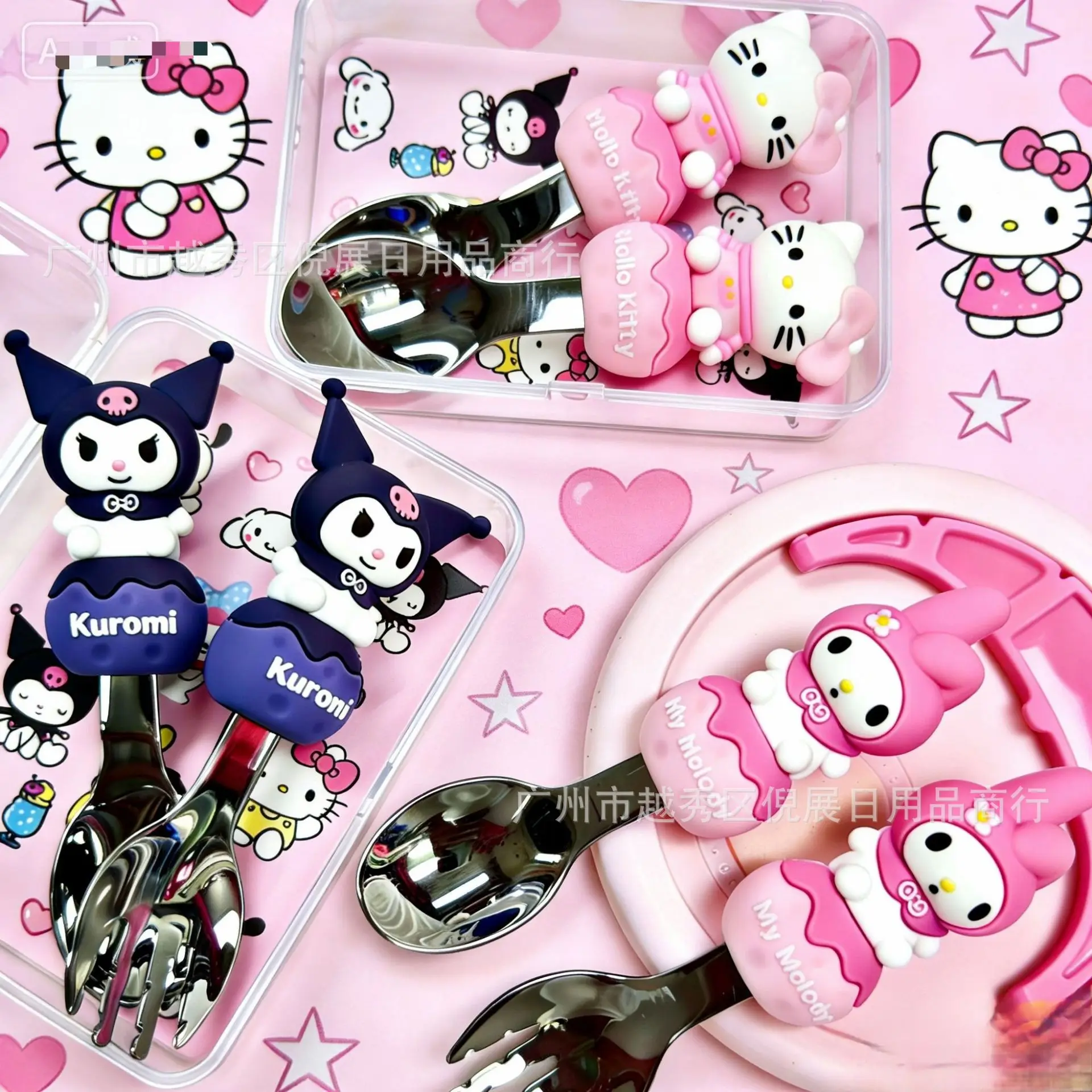 Kuromi ملعقة شوكة 2 قطعة مجموعة لطيف سانريو Pompompurin مرحبا كيتي بلدي ميلودي الفولاذ المقاوم للصدأ الطفل أدوات المائدة لوازم المطبخ #1