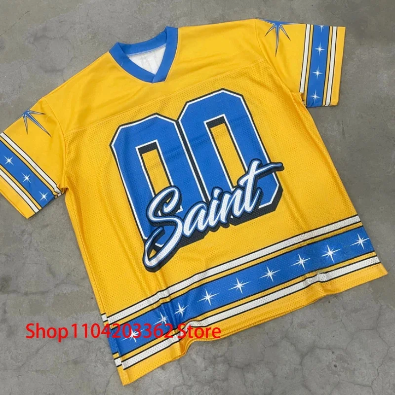 

2025 SAINT T-shirts Street Hip Hop Yellow Blue Color Match V-neck Short Sleeve American Breathable Streetwear SAINT Mesh Jersey
