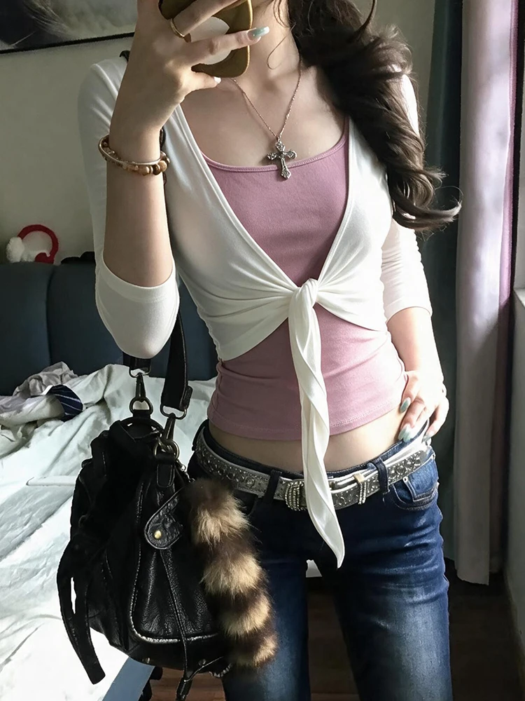 Genayooa Y2k Japanische Zweiteilige Oberteile für Damen Dreiviertel-Weißer Cardigan + Ärmelloses Camisole Streetwear Patchwork T-Shirts E-Girls – Detail 5