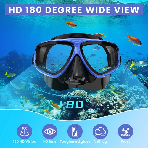 Imagen 2 del producto Juego de máscara de snorkel de bajo volumen, vidrio templado antifugas de silicona ajustable para adultos, entrenamiento, snorkel, natación y buceo