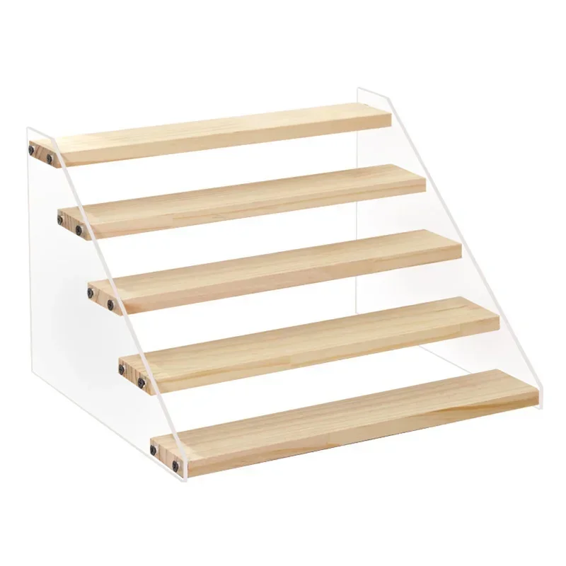 3-5 Tier Acrylic Transparent Base Solid Wood Display Stand Stepped Toys Models Cosmetics Skin Care Products Display Stand