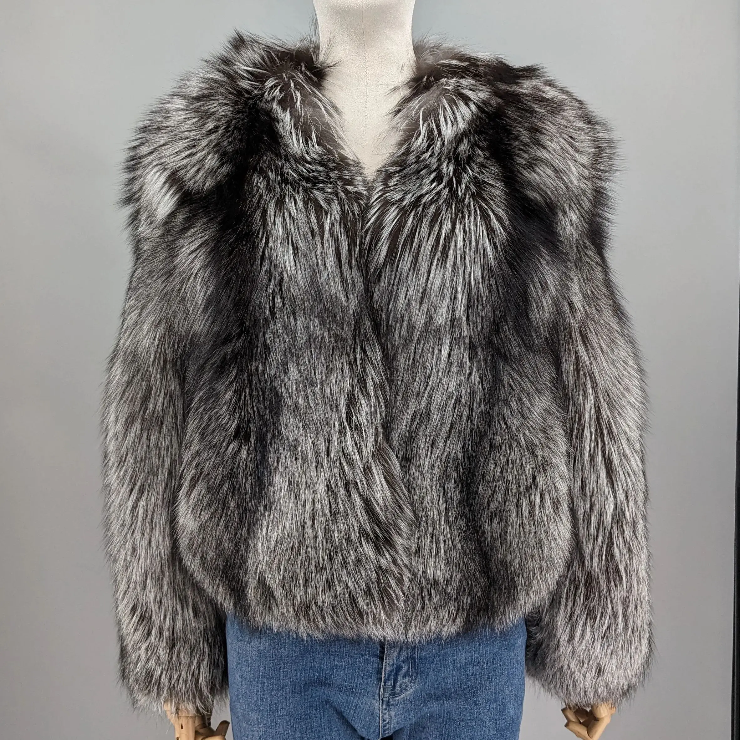 natural sliver fox fur short coat full pelt luxury furry jacket think warm 250458