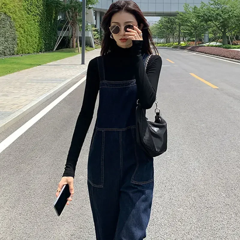 Spring Autumn Denim Jumpsuits Women Loose Solid Chic Big-pockets Sleeveless All-match Student Straight Jumpsuit Trousers Outwear