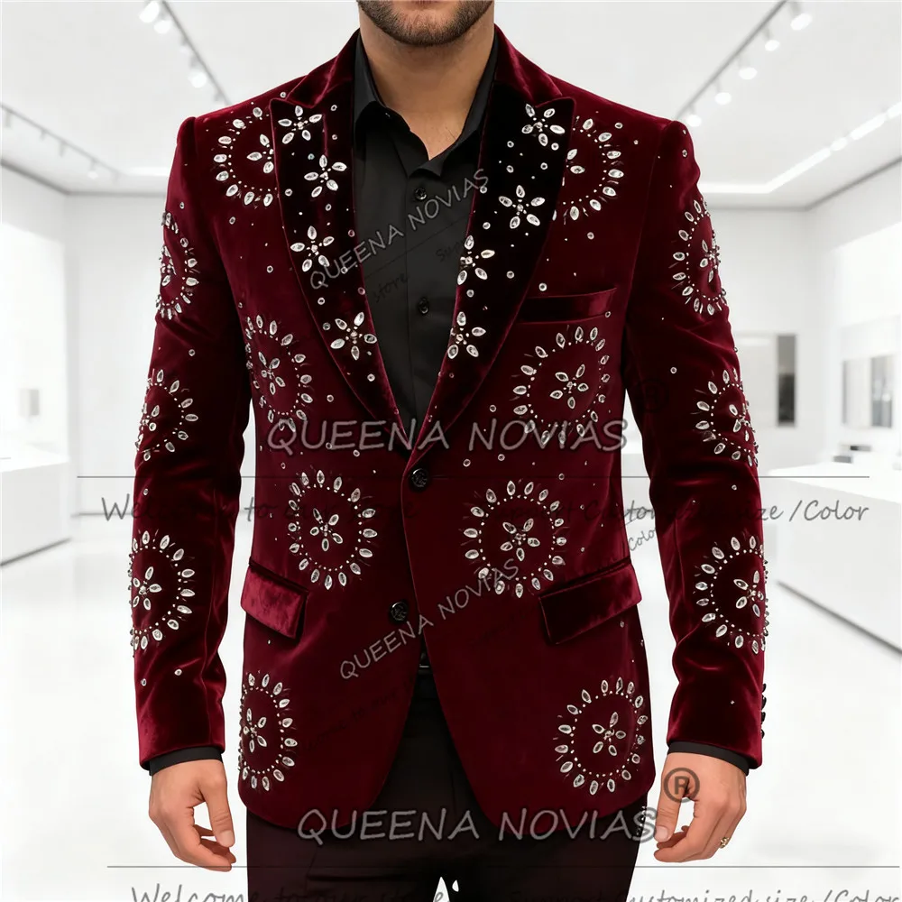 

Glitter Beaded Stones Suit Men Prom Blazer Single Breasted Jacket Pants 2 Piece Groom Formal Occasion Wedding Tuxedo Customized
