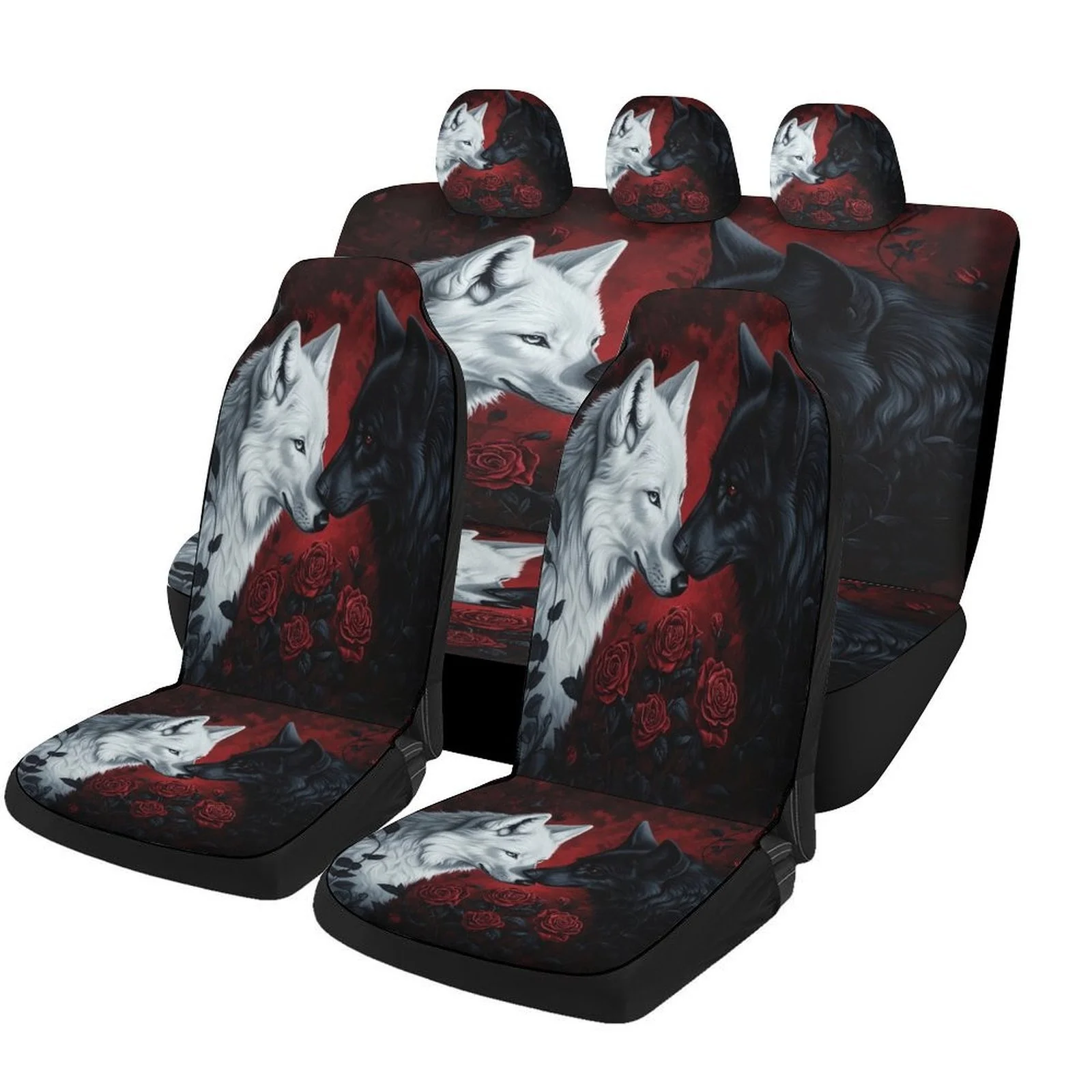 Wolf And Roses Designed Car Seat Cover Set For Most Cars, Fashion Comfortable Car Seat Protector Covers Full Set, Universal Car