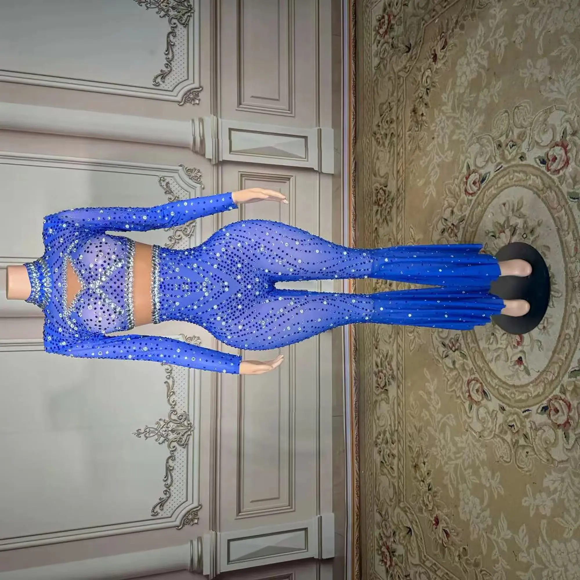 

ZD Одежда для выступлений, женский комбинезон с длинными рукавами и перчатками, синий комбинезон для вечеринок, женский модный комбинезон для сцены